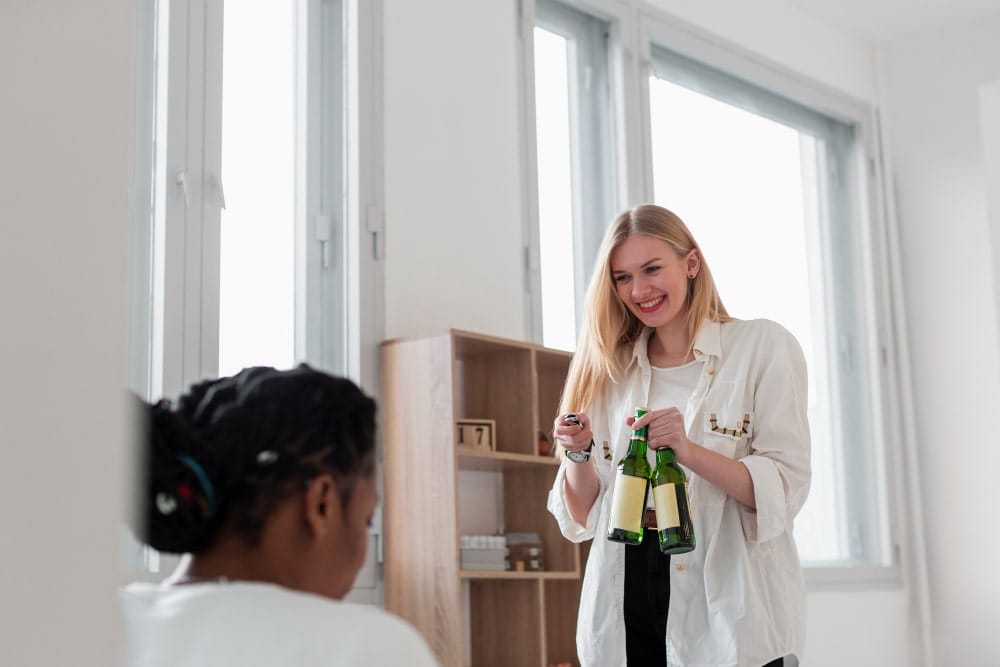 Une jeune femme blonde souriante (l'hôte ou la concierge) offre deux bouteilles de boisson fraîche à une locataire (vue de dos) dans un intérieur lumineux, soulignant l'accueil chaleureux.