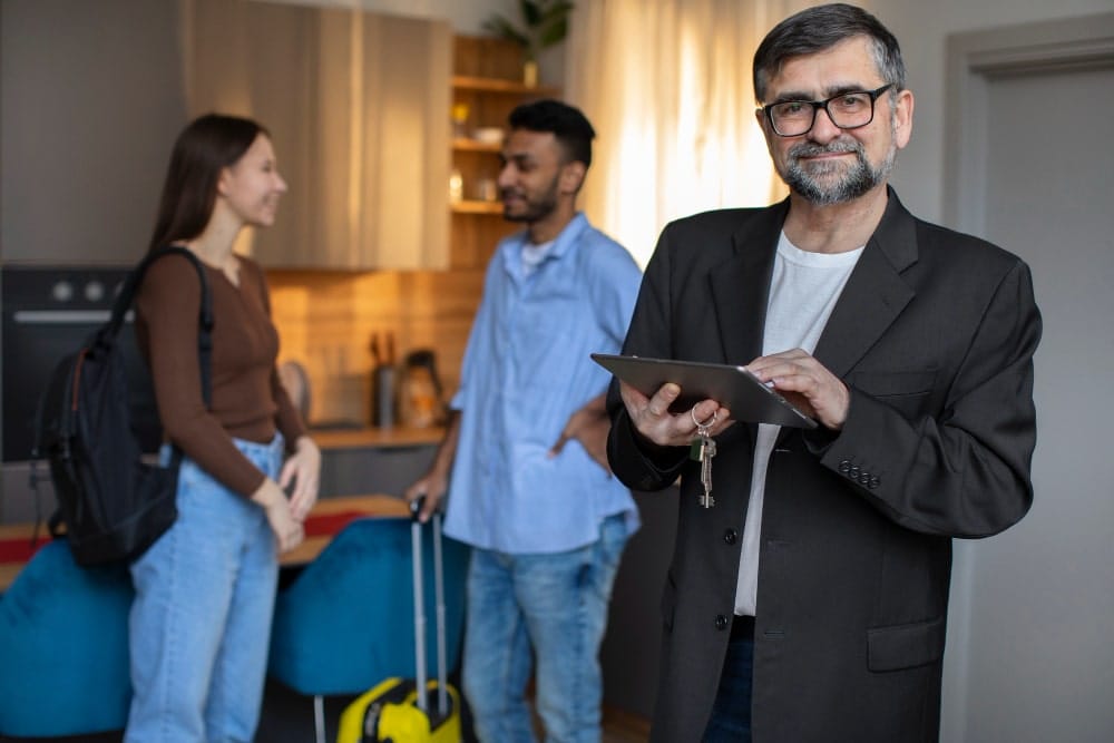 Un homme mûr, gestionnaire immobilier, tient une tablette et des clés, souriant à l'appareil, avec un couple de locataires ou propriétaires flous en arrière-plan.