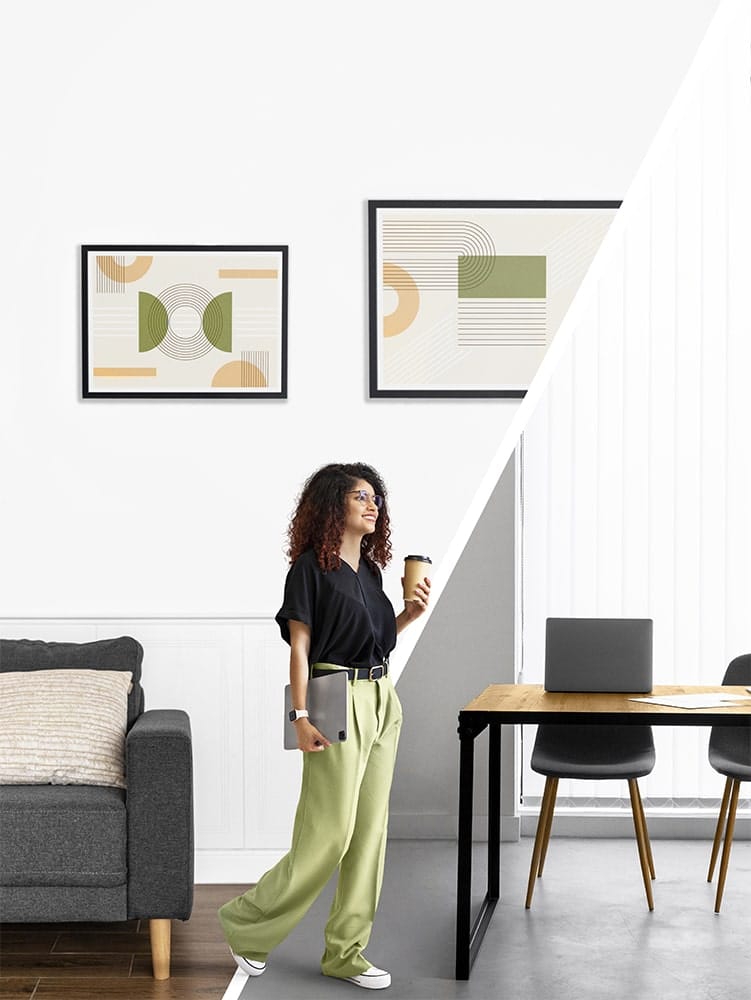 Illustration avant/après d'une femme souriante dans un salon. Le côté "Après" montre une décoration moderne (cadres, plante).