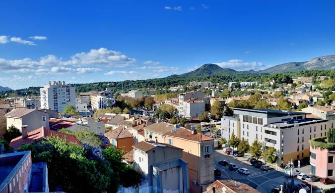 Paysage urbain d'une ville du sud de la France sous un ciel bleu, montrant un mélange de toits traditionnels en terre cuite, de bâtiments modernes et une colline boisée en arrière-plan.
