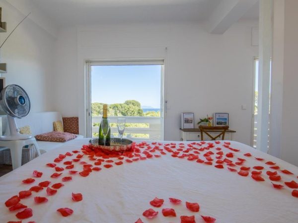 Chambre romantique décorée de pétales de roses rouges sur le lit et bouteille de champagne avec vue sur la mer.