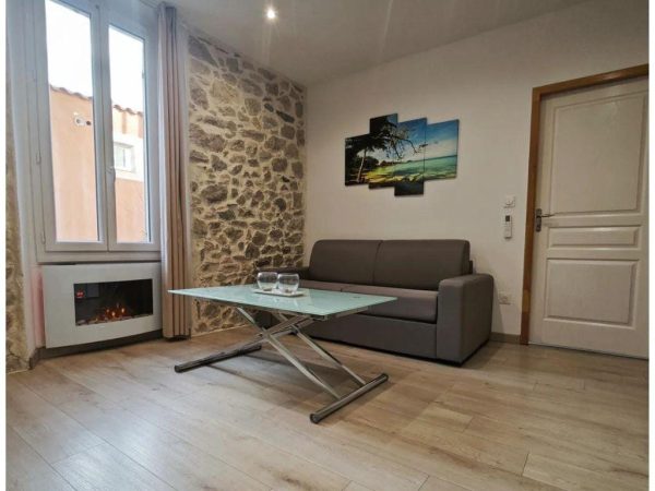 Salon de location de vacances avec mur en pierres naturelles, canapé gris convertible et cheminée électrique intégrée.